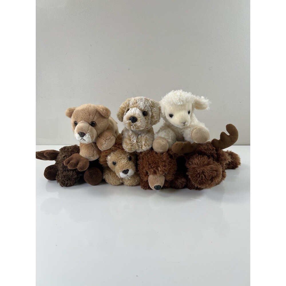 Set Of 7 Aurora Stuffed Animal Plush Lot Dog Lion Moose Bear Plushies Gift